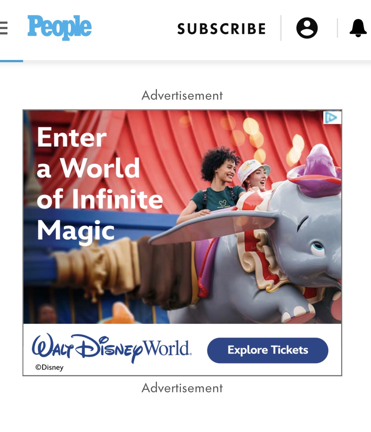 Walt Disney World display banner showing two guests on the Dumbo the Flying Elephant ride, with the headline “Enter a World of Infinite Magic” and an Explore Tickets button, shown on People.com